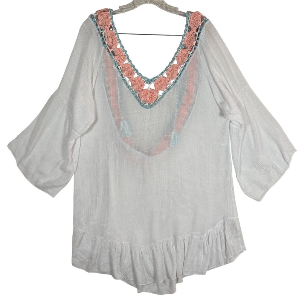 Collection White Crochet Trim Boho Beach Cover Up Tunic One Size